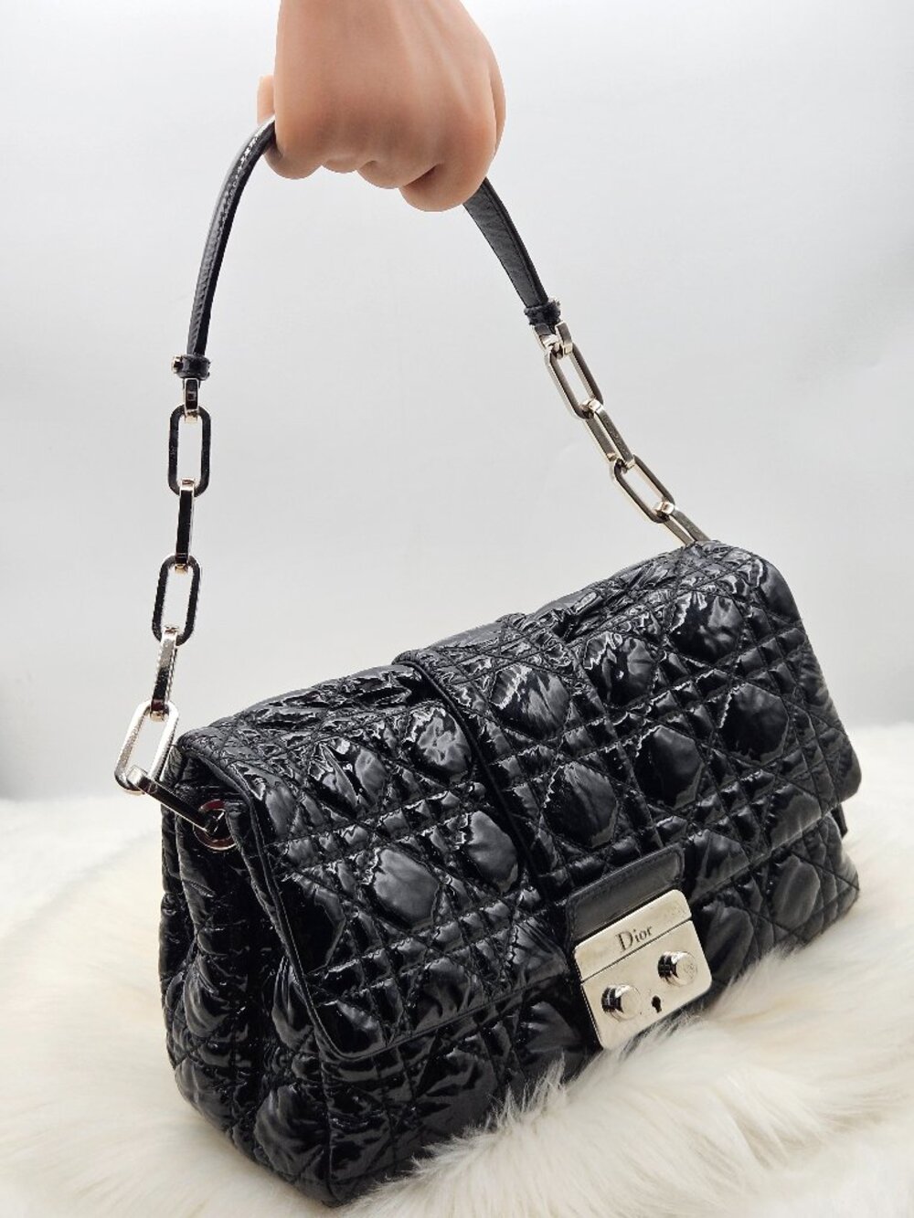 Christian Dior  Black Cannage Quilted Patent Leather Lock Flap Bag